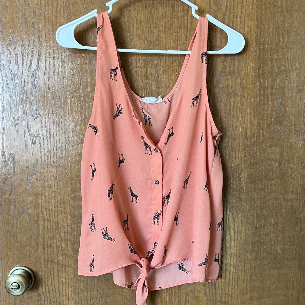 Pink Rose Peach Giraffe Print Button-Down Blouse